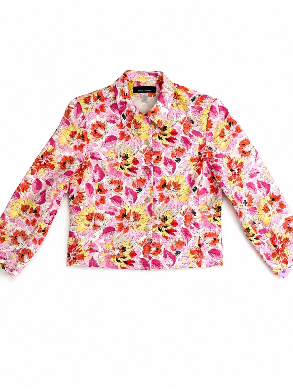Jones New York Floral Silk Cotton Jacket Size 16 Pink Button Front Blazer